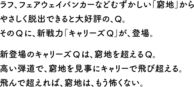 ラフ、フェアウェイバンカーなどむじかしい「窮地」からやさしく脱出できると大好評の、Q。